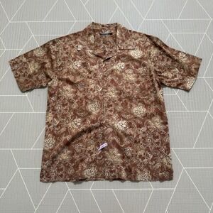 Peruvian Connection Baja Shirt Men's Large Floral‎ Print Tan & Rust Pima Cotton